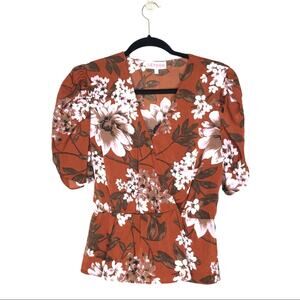 Leydan Womens Top Size S Brown Floral Peplum Puff Shoulder Blouse Casual Wear